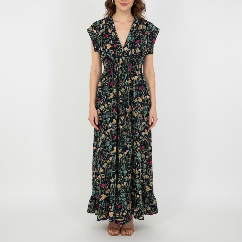 BETINA Floral Print‎ Maxi Dress Deep V Neck Smocked Waist Tie Back Navy